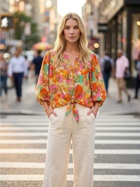 Rose & Olive Multi-Color Floral Tie-Front Blouse